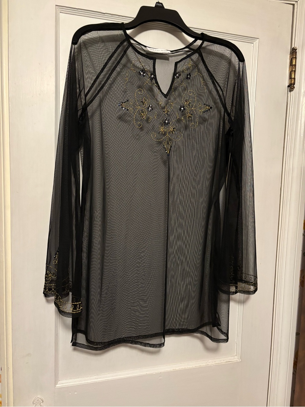 Sheer Black Embroidered Mesh Tunic Top